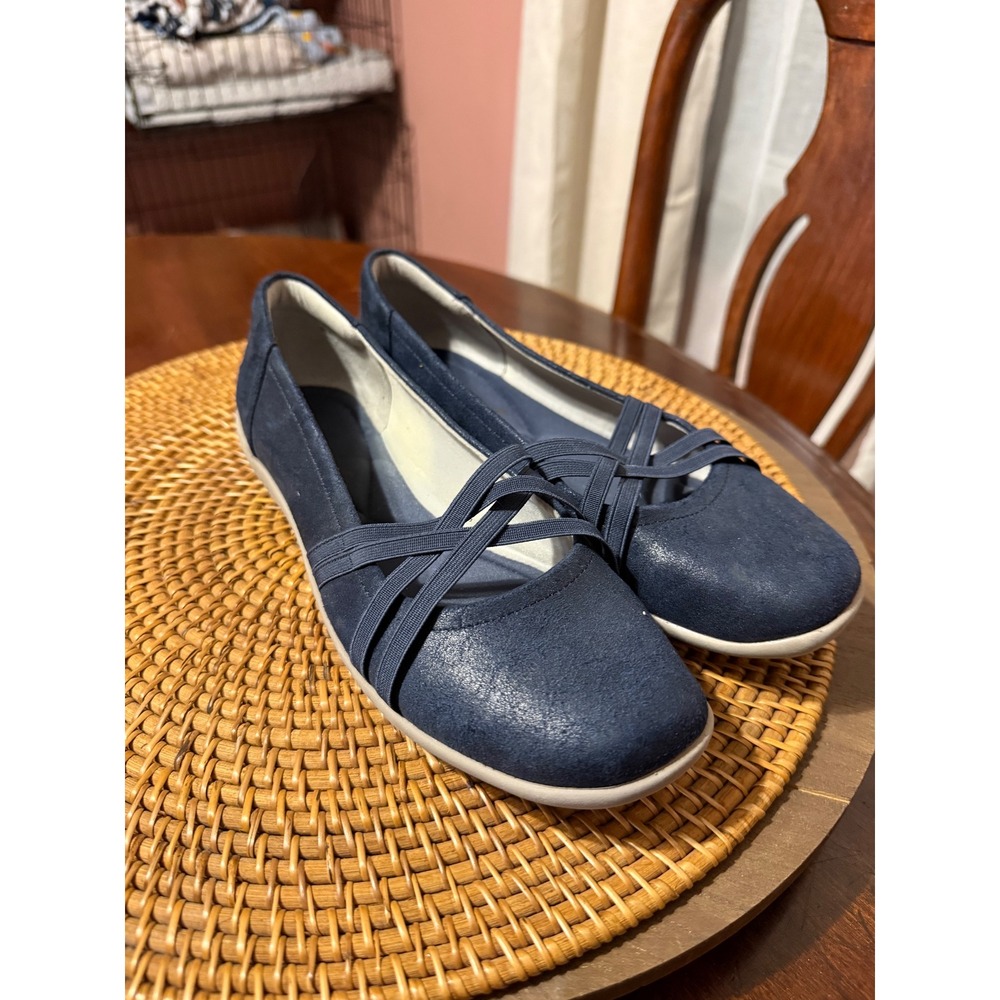 Easy Spirit Aubree Navy Blue Metallic Crisscross Elastic Strap Flats Womens 7.5M